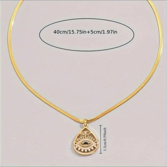 Gold VTG Elegant Gold Blue Evil Eye Rhinestone Chain Pendant Necklace - Picture 7 of 7
